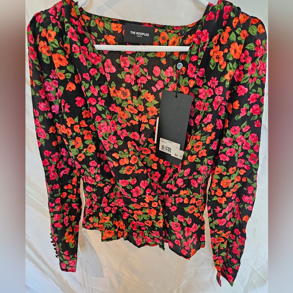 THE KOOPLES Camellia Floral Crossover Silk Blouse In Red/black SZ 1